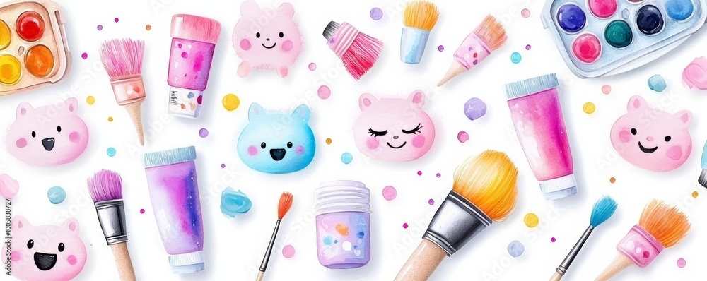 Kawaii-style paintbrush, paint tube, and palette with smiling faces in a soft pastel watercolor theme. Kawaii-style paintbrush, paint tube, and palette with smiling faces in a soft pastel watercolor theme.