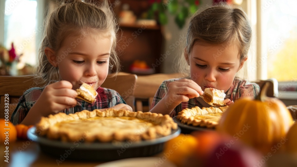 Two Young Girls Enjoying Pumpkin Pie Two Young Girls Enjoying Pumpkin Pie