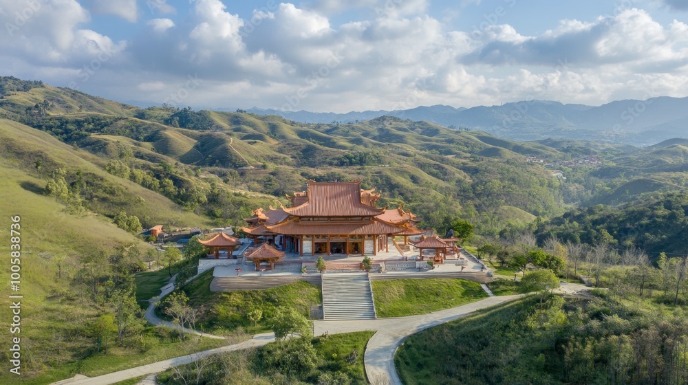 The tranquil setting of the Sikhio Buddha Footprint Temple, surrounded by rolling hills The tranquil setting of the Sikhio Buddha Footprint Temple, surrounded by rolling hills