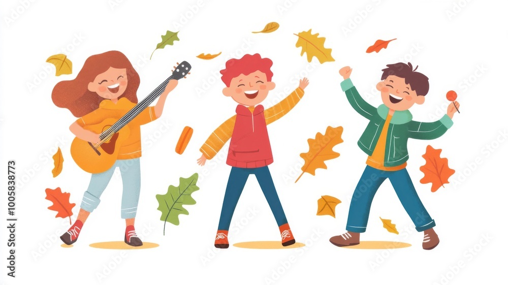 Three Children Playing and Having Fun in Autumn