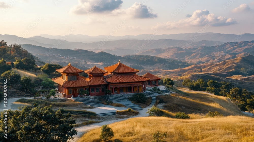 The tranquil setting of the Sikhio Buddha Footprint Temple, surrounded by rolling hills The tranquil setting of the Sikhio Buddha Footprint Temple, surrounded by rolling hills