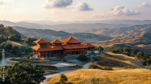 The tranquil setting of the Sikhio Buddha Footprint Temple, surrounded by rolling hills