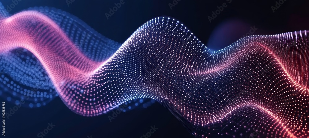 Fototapeta premium Abstract Flowing Wave of Blue and Pink Particles, Digital Data Visualization With Dots and Lines