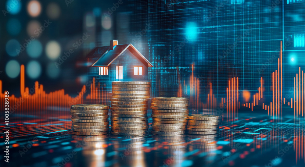 Stacks of coins and a house icon on a digital background with a financial graph, representing the real estate concept. Stacks of coins and a house icon on a digital background with a financial graph, representing the real estate concept.