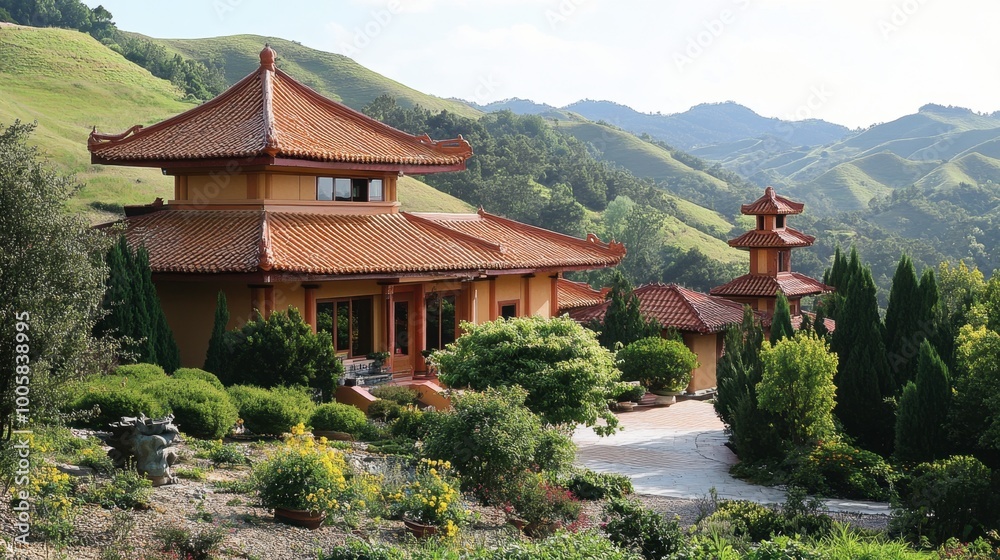 The tranquil setting of the Sikhio Buddha Footprint Temple, surrounded by rolling hills. The tranquil setting of the Sikhio Buddha Footprint Temple, surrounded by rolling hills.