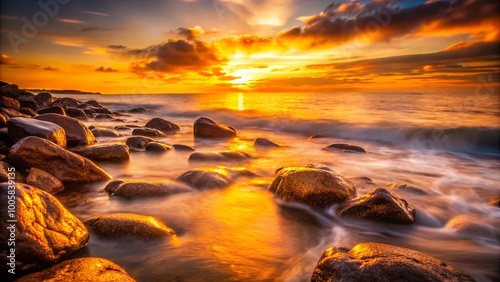 Golden Sunset Overlapping Stones, Sea Waves, and Sky