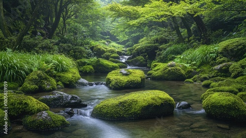 Serene view of the Rock Garden at Mt. Mitake, with lush moss-covered rocks and a clear stream flowing through the peaceful valley surrounded by dense greenery.