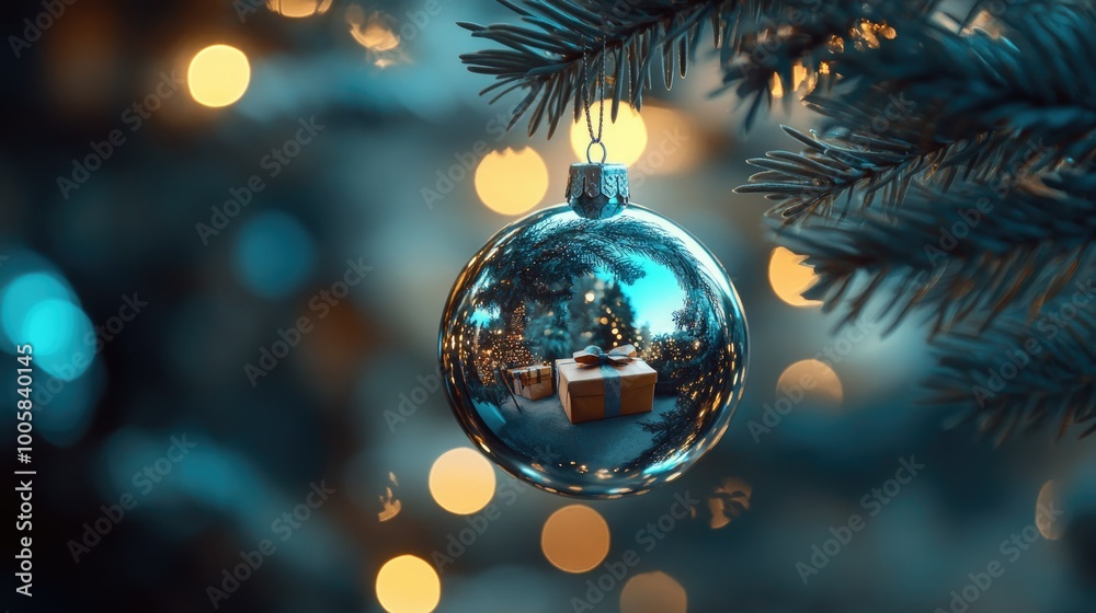 Shiny bauble reflecting a decorated Christmas tree, hanging from a fir branch. Gift boxes and glowing blue bokeh lights complete the abstract night holiday setting.