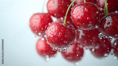 Closeup of a cluster of fresh,vibrant red ripe juicy berries with water droplets on the stems against a clean white background. Healthy organic fruit with natural refreshing look.