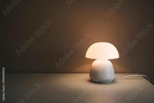 Lamp with white shade, textured base casts soft glow in cozy setting photo