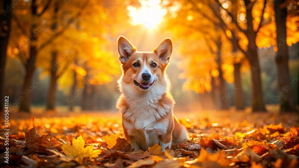 Corgi dog sitting in the park among orange leaves in the autumn season with warm sunlight.
