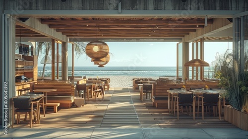 Fototapeta Naklejka Na Ścianę i Meble -  A minimalistic and rustic beach club restaurant, The design features natural wood.