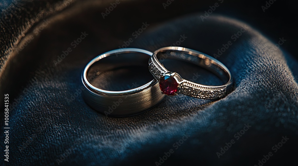 Silver and gemstone rings placed together, shining softly on a velvet background, capturing the connection and unity of a coupleAEs love story. Silver and gemstone rings placed together, shining softly on a velvet background, capturing the connection and unity of a coupleAEs love story.