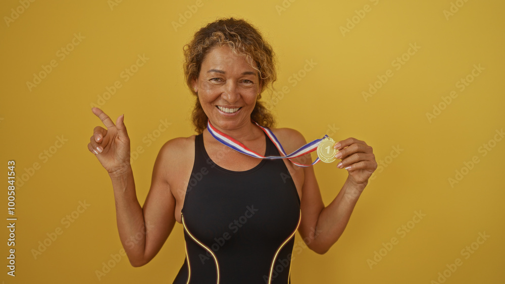 Woman smiling with a medal pointing sideways in front of an isolated yellow wall Woman smiling with a medal pointing sideways in front of an isolated yellow wall