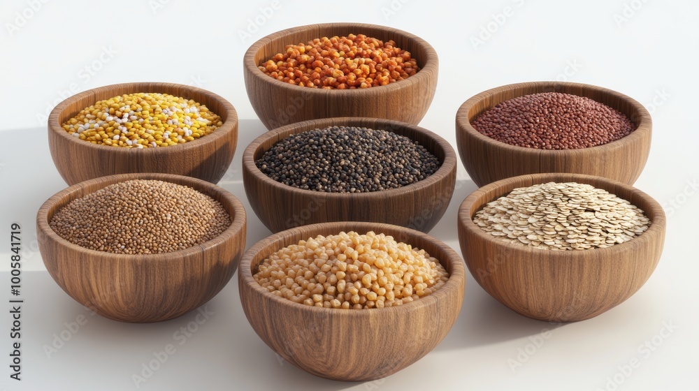 Assortment of Grains in Wooden Bowls.