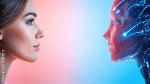 A captivating side-by-side portrait of a woman and a futuristic robot, exploring the intersection of humanity and technology. photo