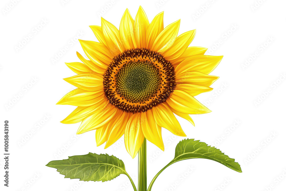 Obraz premium Vibrant sunflower with petals and leaves, isolated on white background.