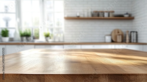 Smooth wood countertop in the foreground with a clean, minimalist white kitchen interior blurred in the background. Bokeh effect adds a soft, welcoming feel.