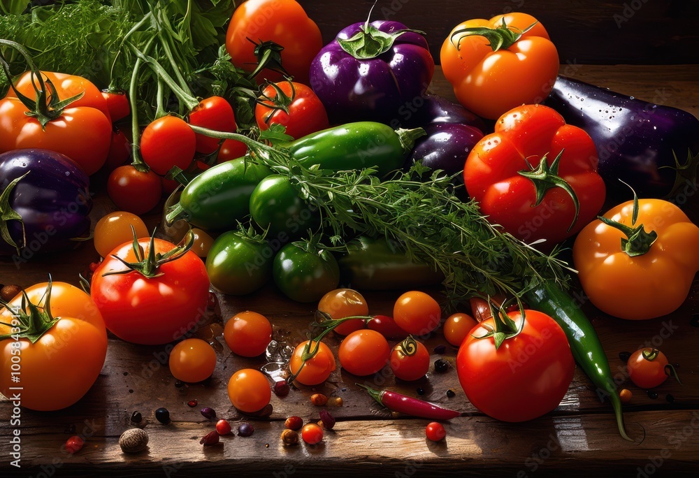 dynamic arrangement vibrant food ingredients showcasing lively colors textures culinary montage, appetizing, aromatic, bouquet, craft, colorful, composition