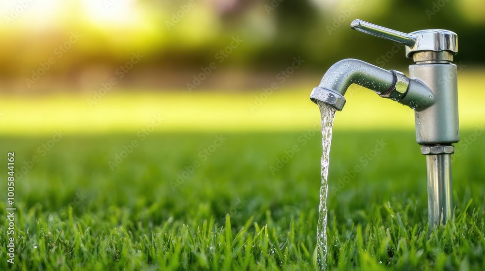 A close-up of a faucet releasing fresh water onto lush green grass, showcasing the beauty of nature and outdoor gardening. A close-up of a faucet releasing fresh water onto lush green grass, showcasing the beauty of nature and outdoor gardening.