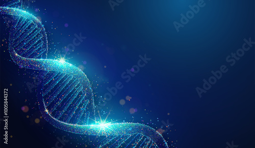 Abstract illustration of human dna helix made of glowing neon particles. Blue geometric background depicting human genome health care and genetic biotechnology medical concept