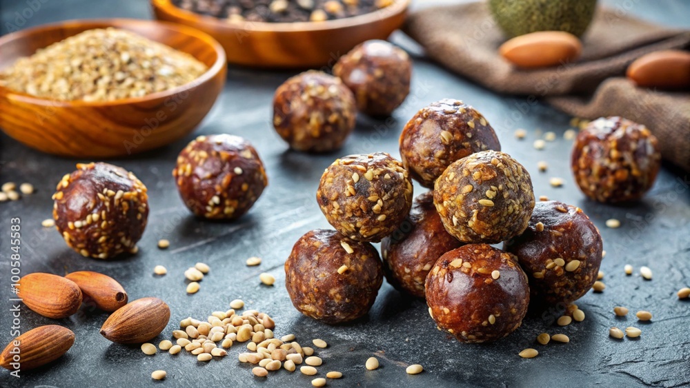 Healthy homemade paleo chocolate energy balls with rolled oats, nuts, dates and chia seeds, horizontal, copy space Healthy homemade paleo chocolate energy balls with rolled oats, nuts, dates and chia seeds, horizontal, copy space