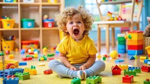 Toddler with Curly Hair Throwing Tantrum in Colorful Playroom with Toys Strewn About