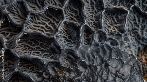 close-up of an intricate alien sea plant with scale-like textures and organic shapes, resembling black coral or sea moss, set against a blurred background that emphasizes its unique patterns and natur photo