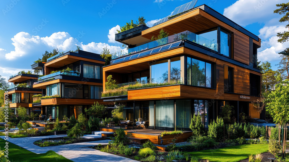 Modern wooden houses with large glass windows and green terraces surrounded by lush gardens create serene and eco friendly atmosphere Modern wooden houses with large glass windows and green terraces surrounded by lush gardens create serene and eco friendly atmosphere