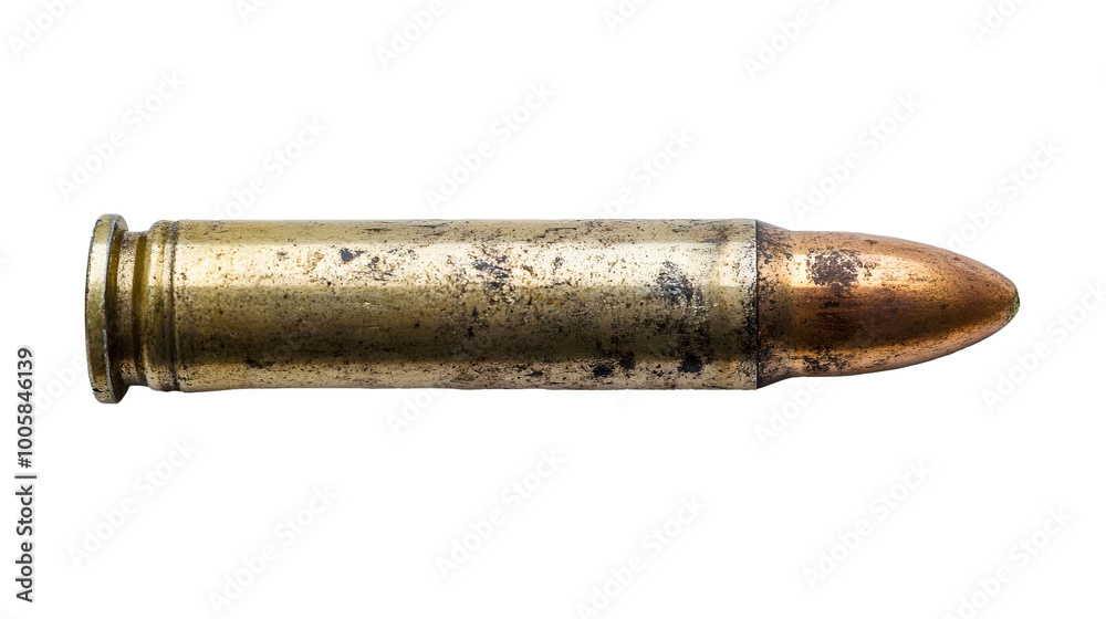 Closeup of a single brass bullet cartridge with golden metallic casing and pointed tip on a plain white background. Ammunition and military firepower concept. Closeup of a single brass bullet cartridge with golden metallic casing and pointed tip on a plain white background. Ammunition and military firepower concept.