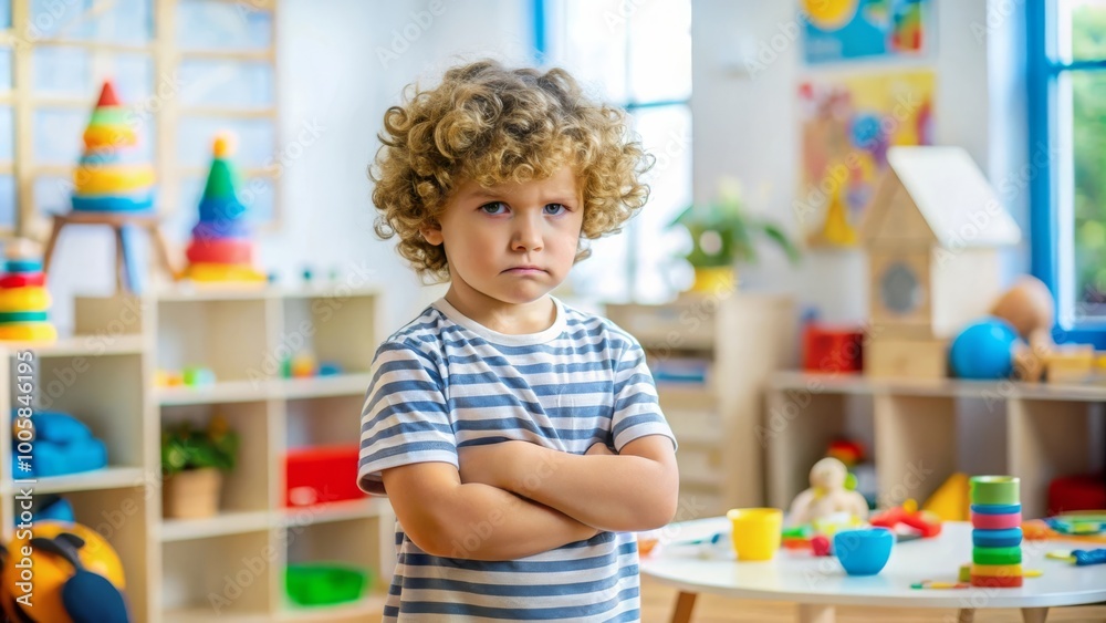 Fototapeta premium Young Boy Standing Defiantly with Arms Crossed in Vibrant Playroom, Expressing Frustration Amidst Toys and Bright Furniture