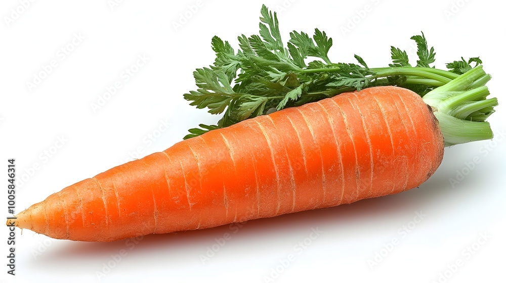 Closeup of a single fresh organic carrot with vibrant orange color and green leafy tops on a plain white background. Healthy,natural,and nutritious vegetable from farm or garden. Closeup of a single fresh organic carrot with vibrant orange color and green leafy tops on a plain white background. Healthy,natural,and nutritious vegetable from farm or garden.