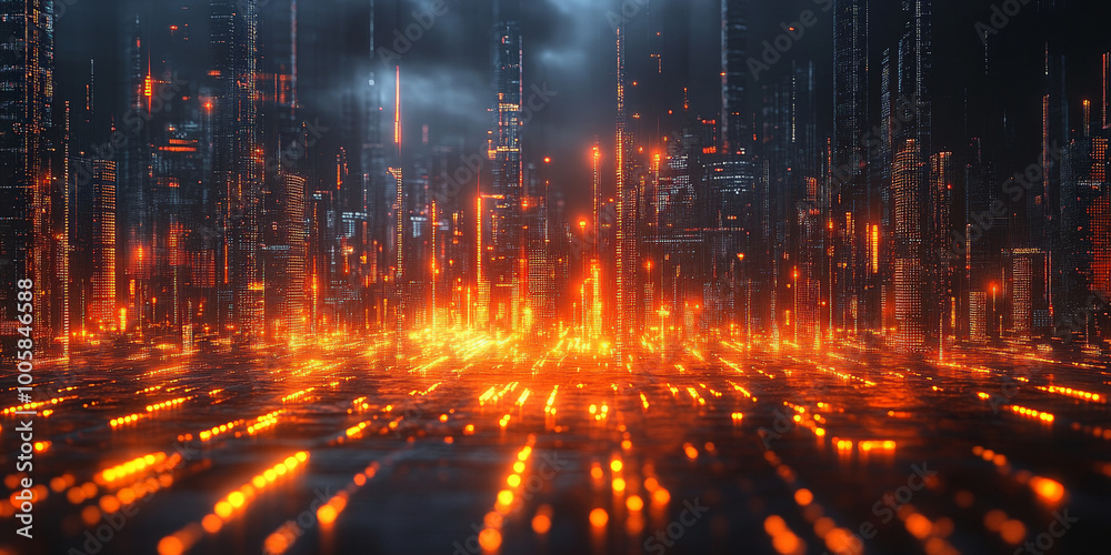 Fototapeta premium Composition of figures that falls on the chart of technical analysis, black background, orange colors neon light