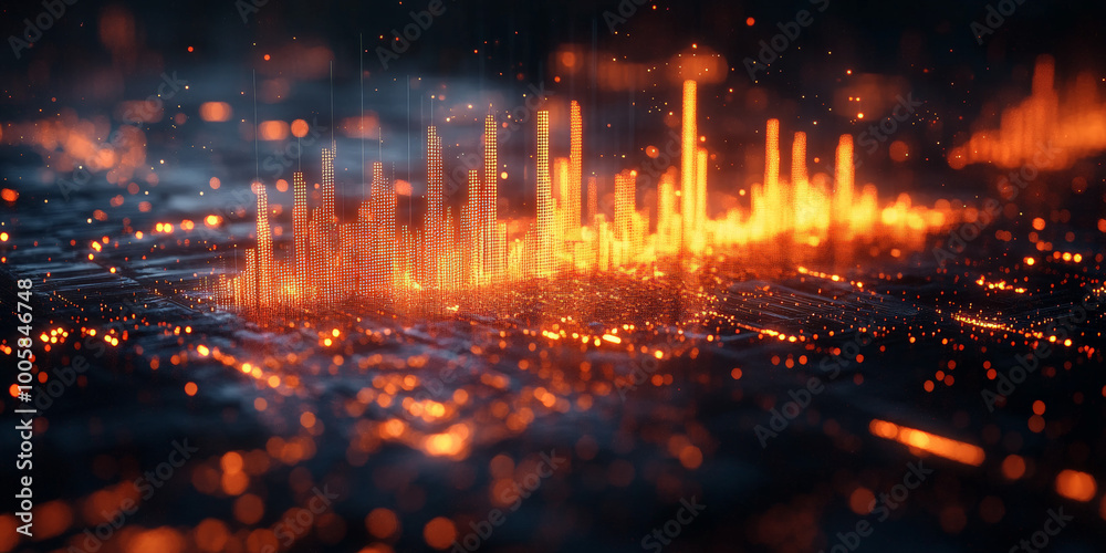 Fototapeta premium Composition of figures that falls on the chart of technical analysis, black background, orange colors neon light