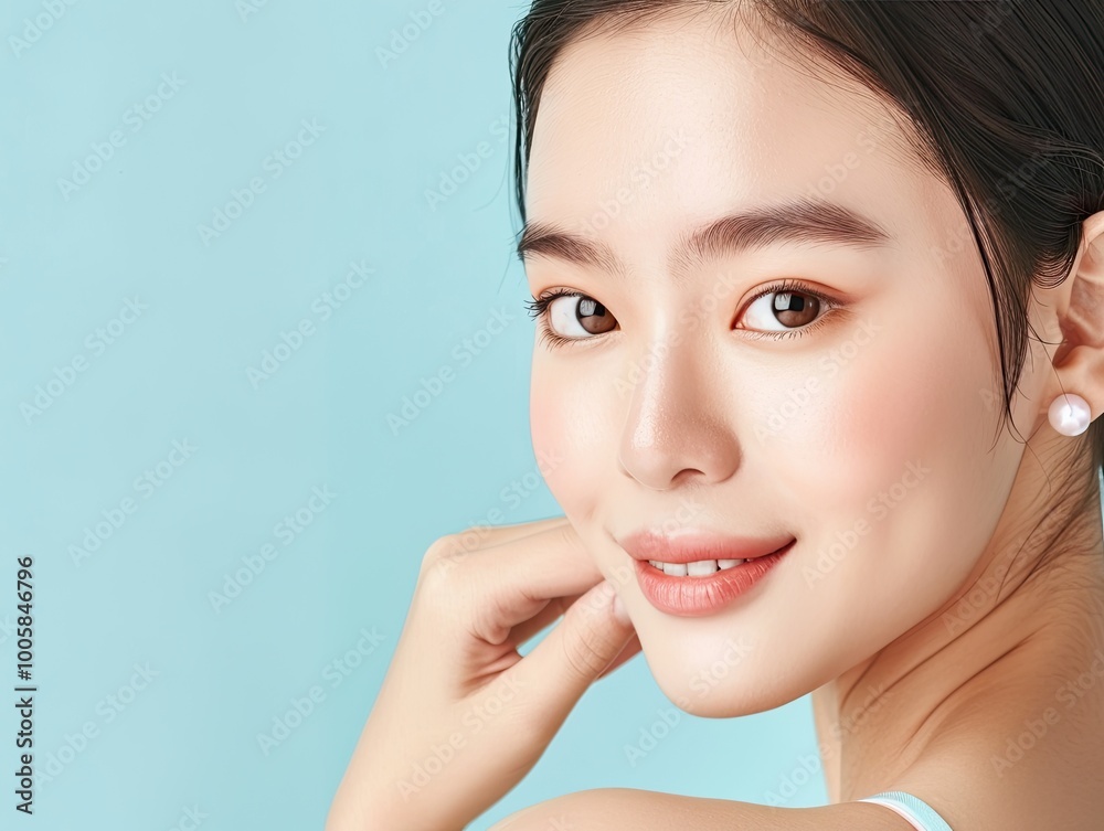 A close-up portrait of a young woman with a radiant smile, showcasing natural beauty against a light blue background. A close-up portrait of a young woman with a radiant smile, showcasing natural beauty against a light blue background.