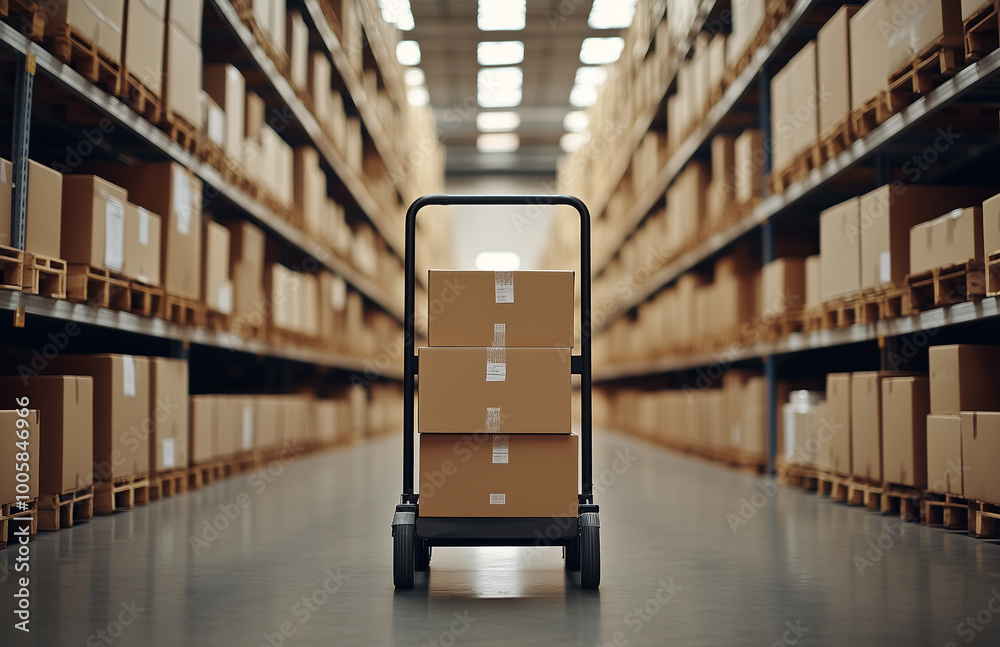 hand truck in an industrial warehouse filled with cardboard boxes for logistics and marketing. hand truck in an industrial warehouse filled with cardboard boxes for logistics and marketing.