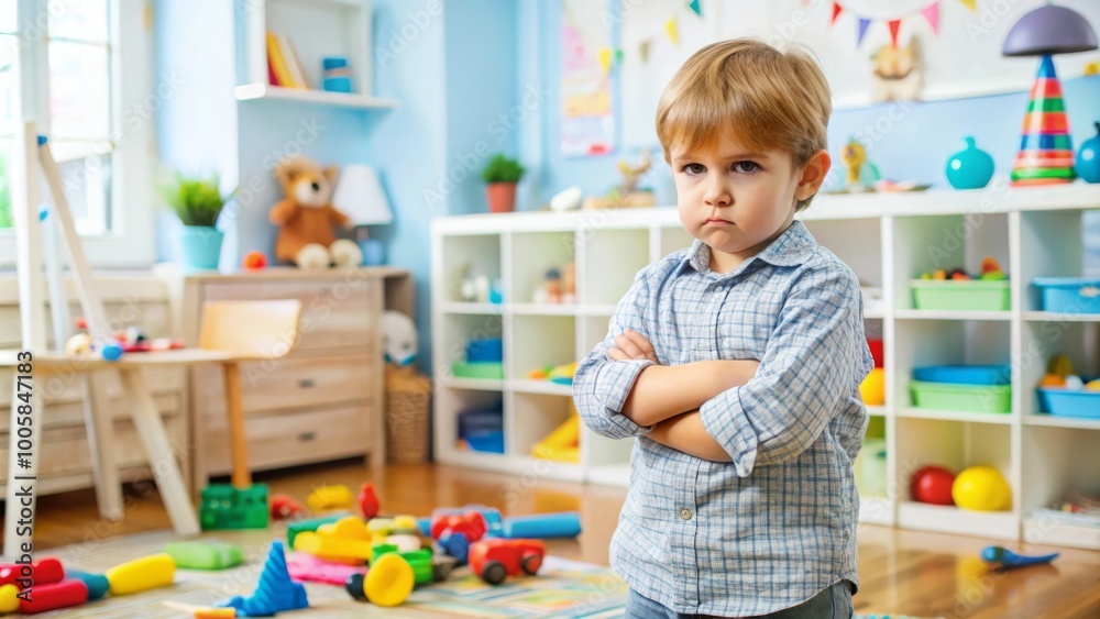 Young Boy Standing Defiantly with Arms Crossed in Vibrant Playroom, Expressing Frustration Amidst Toys and Bright Furniture