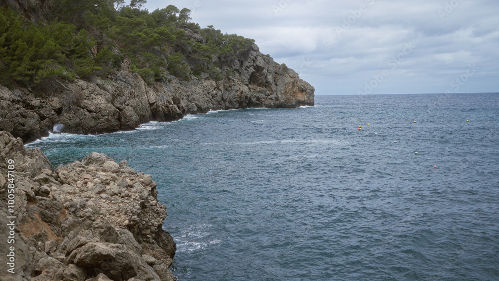 Rocky coastline with pine trees and calm blue waters in cala deia, mallorca under an overcast sky Rocky coastline with pine trees and calm blue waters in cala deia, mallorca under an overcast sky