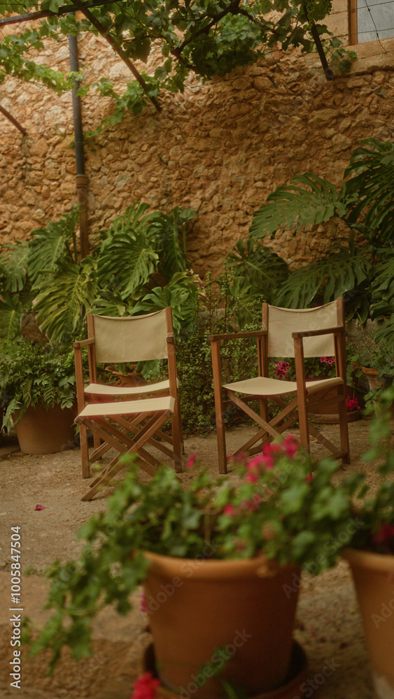 Fototapeta premium Two empty wooden chairs in a quaint, outdoor garden with lush green plants, terracotta pots, stone wall, and a serene atmosphere on a sunny day.