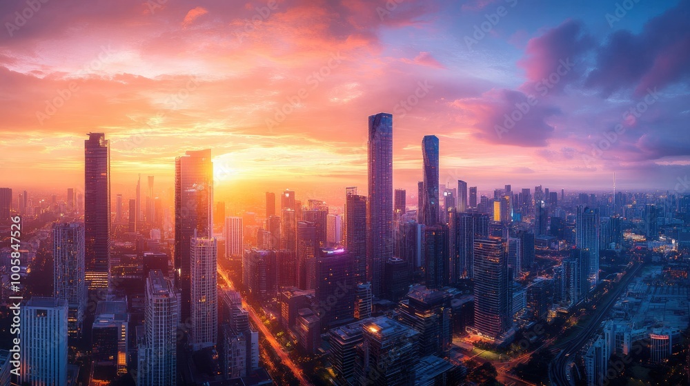 The skyline of a thriving city in 2025, illuminated by a beautiful sunset, with towering buildings and bustling city life. The skyline of a thriving city in 2025, illuminated by a beautiful sunset, with towering buildings and bustling city life.