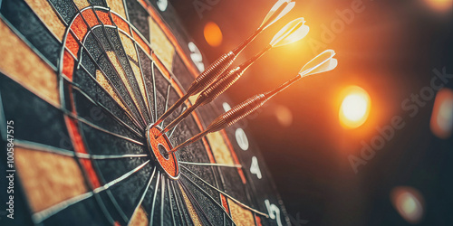 Three darts are hitting  triple twenty on a dartboard during a competition with blurred lights in the background, success concept