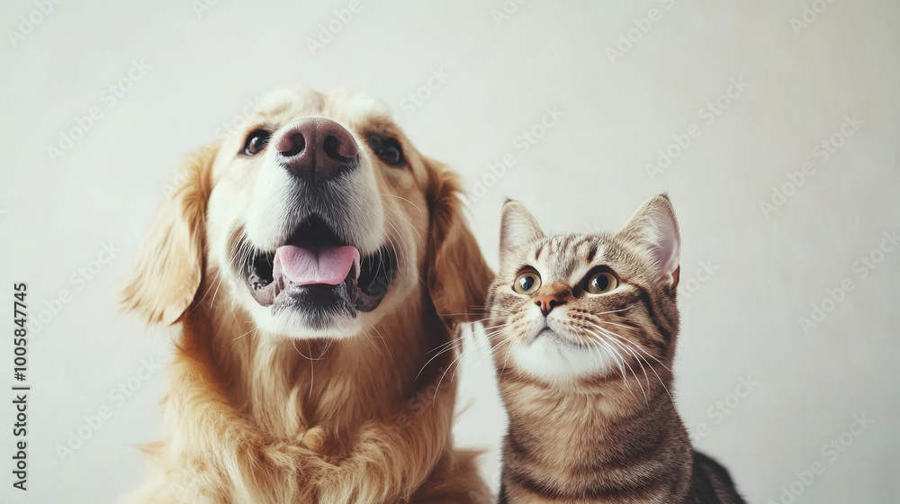 A dog and a cat are standing together, both looking up at something. They are in front of a clear background. A dog and a cat are standing together, both looking up at something. They are in front of a clear background.