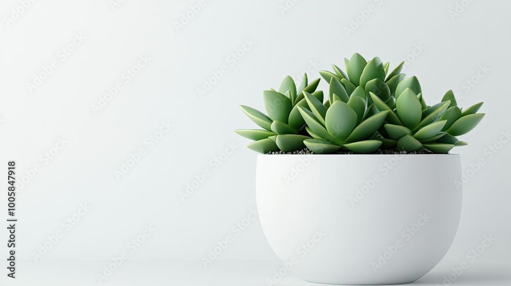 Stylish succulent plant with multiple lush green stems in a white ceramic pot. Minimalist design on a clean white background, great for modern interior decor