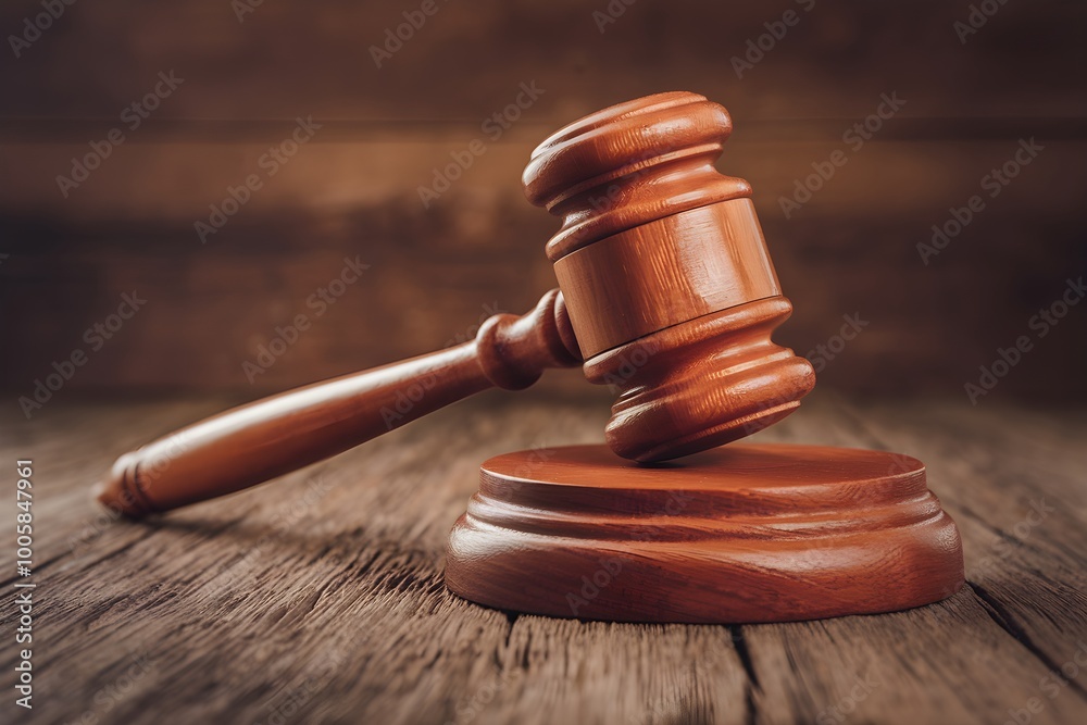 Wooden gavel resting on circular base, against a rustic wooden background Wooden gavel resting on circular base, against a rustic wooden background
