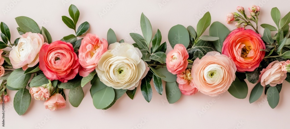 Fototapeta premium Colorful Ranunculus, Eucalyptus Floral Border Design, Light Background, Romantic Theme
