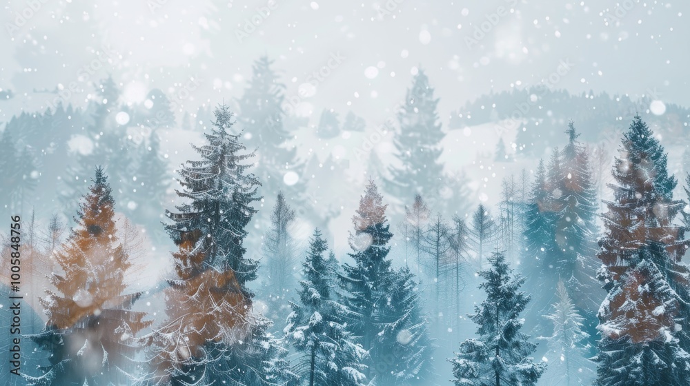 Fototapeta premium A snowy forest with trees covered in snow