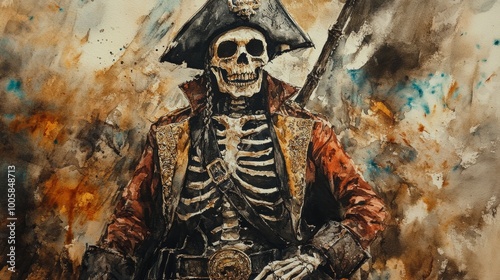 Watercolor Skeleton Pirate Captain. photo