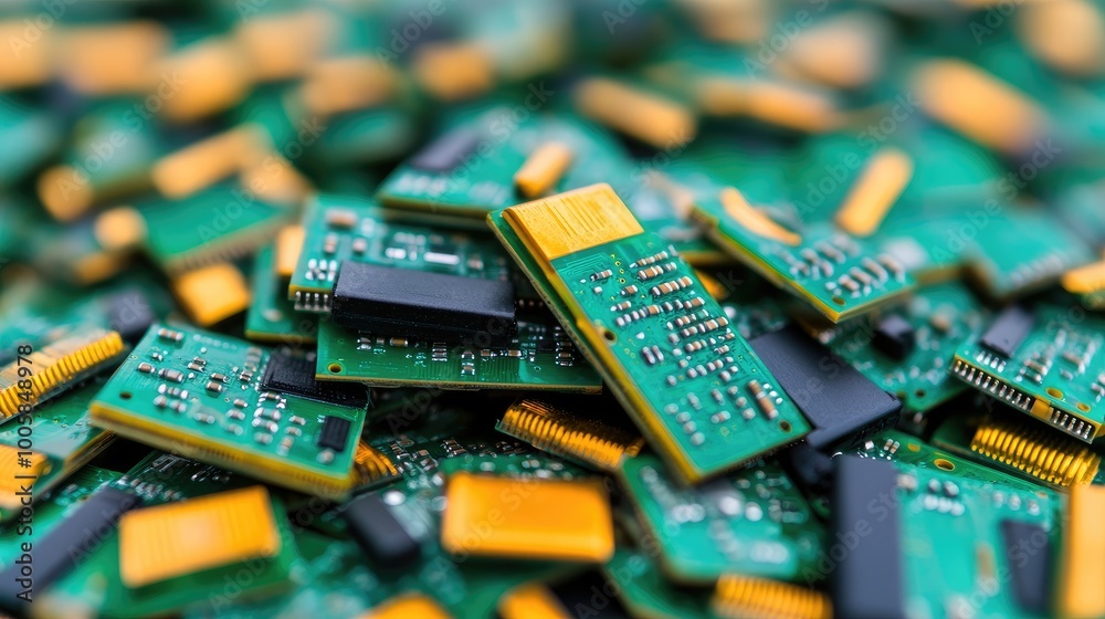 Obraz premium A close-up view of electronic circuit boards showcasing intricate designs and small components, ideal for technology themes.