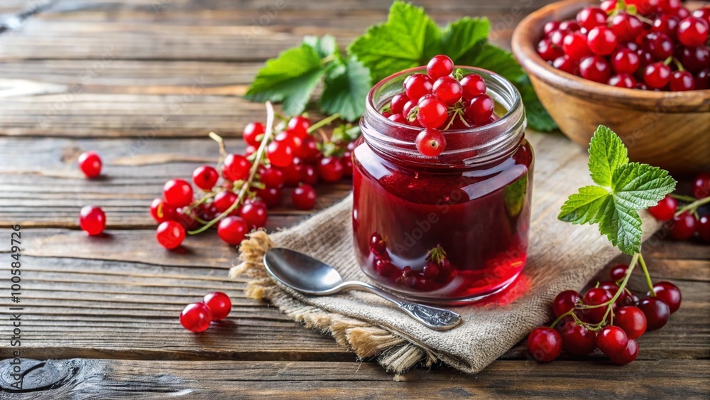 Red currant jam in glass jar, rustic wooden background with copy space Red currant jam in glass jar, rustic wooden background with copy space