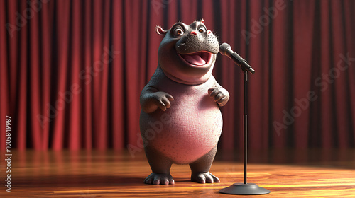 Cute Pygmy hippo singing into microphone with stage background 